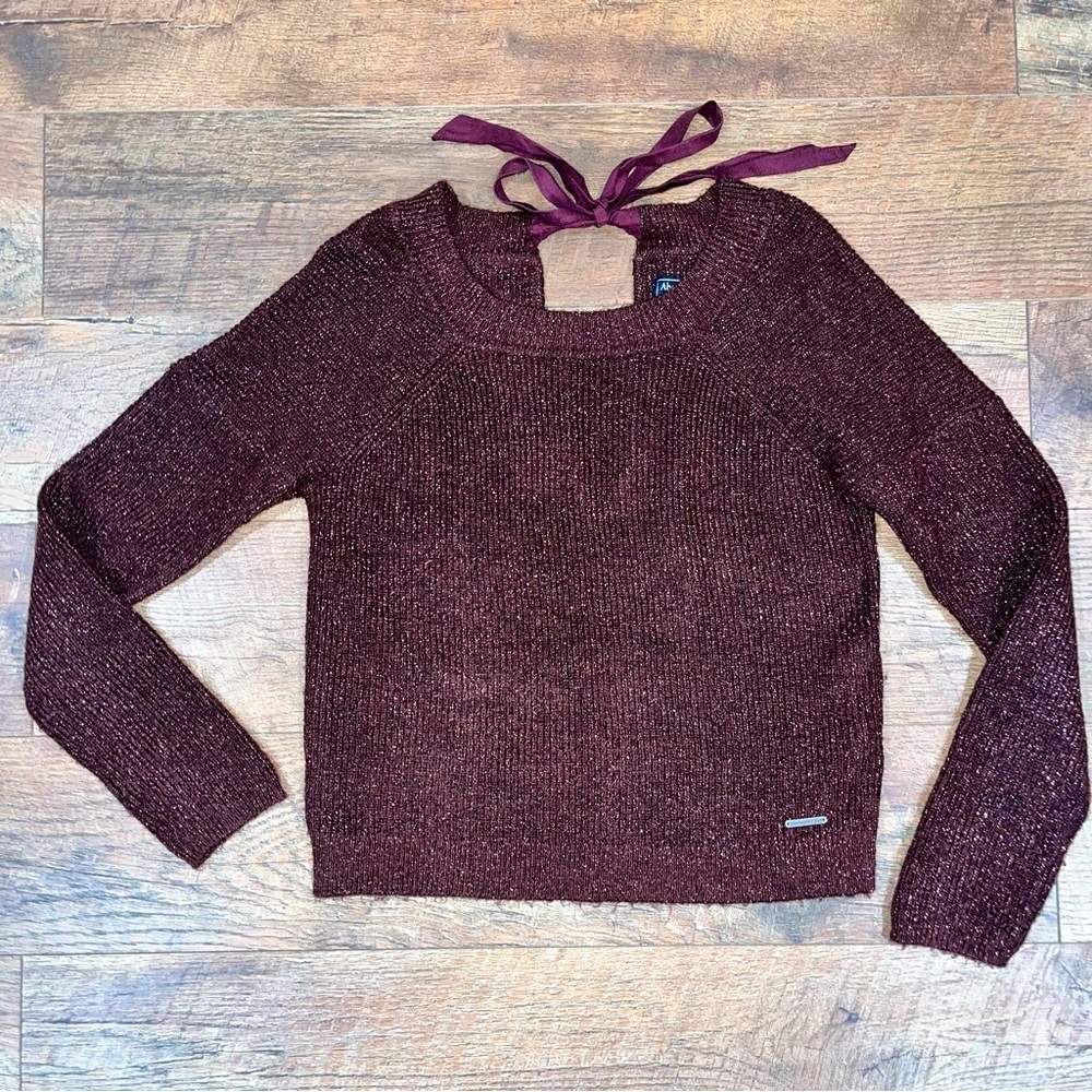 Abercrombie & Fitch Maroon Glitter Sweater with Cute Bow at Neck